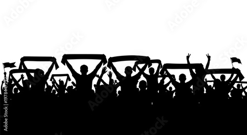 People cheering with flags raised high.