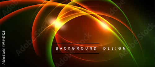 Abstract flowing lines create vibrant energy. Orange, green, red hues blend seamlessly against black backdrop. Modern design element.