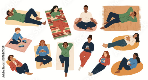 family leisure time reading and playing together flat design vector illustration