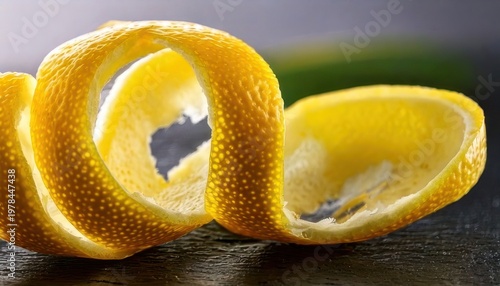 Close-up of a vibrant lemon peel spiral on dark surface.