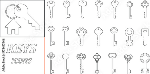 Keys icon set collection group, key, lock, unlock, security, access, house, door, property symbols, vintage and modern key shapes in flat and line style black vector illustration isolated
