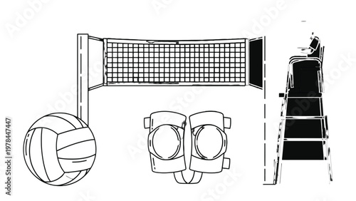Volleyball Set Essentials: An overhead shot showcases the core equipment for a volleyball game, including a net, ball, knee pads, and umpire stand, ready for action