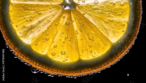 Close-up of a vibrant lemon slice with water droplets.