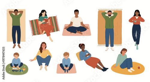 family unpacking car after camping trip flat design vector illustration