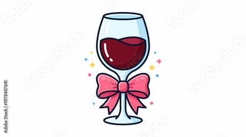 Wine Glass Celebration Vector Icon, Red Wine Bow Sparkles Festive Drink Illustration, Farfalle Pasta Food Vector Symbol Italian Cuisine Decorative Art Design Collection