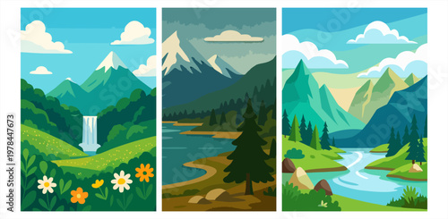 Three vertical landscape illustrations featuring beautiful mountain scenery with lush forests and flowing river water streams