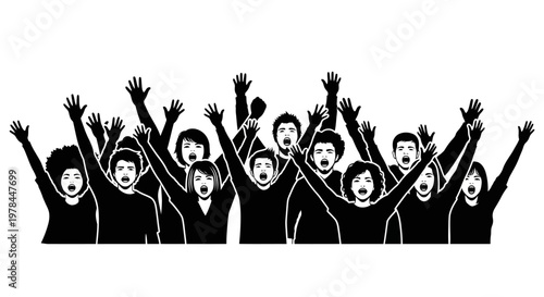 Group of people celebrating with hands up.