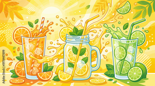 Vibrant illustration of citrus drinks splashing in glasses on a sunny table