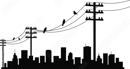 Tableau sur toile Birds on power lines over city skyline silhouette, urban wildlife scene, electri