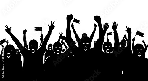 Silhouette of cheering crowd celebrating.