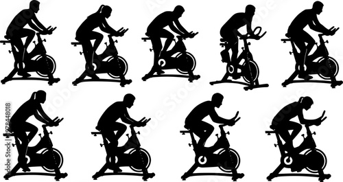 Indoor Cycling Silhouettes – Stationary Bike Workout, Spin Class Poses, Gym Cardio Training, Fitness Exercise Vector Illustration Set
