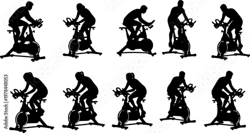 Indoor Cycling Silhouettes – Stationary Bike Workout, Spin Class Poses, Gym Cardio Training, Fitness Exercise Vector Illustration Set
