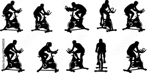 Indoor Cycling Silhouettes – Stationary Bike Workout, Spin Class Poses, Gym Cardio Training, Fitness Exercise Vector Illustration Set
