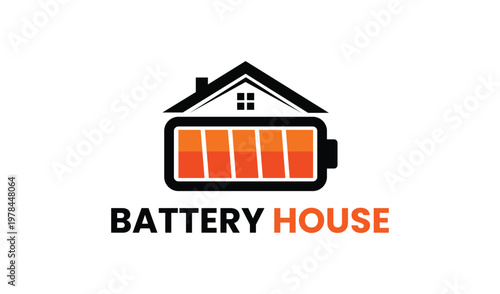 Modern Battery House Logo Design with Orange Battery Cells Inside Black House Silhouette, Energy Storage Concept, Vector Illustration