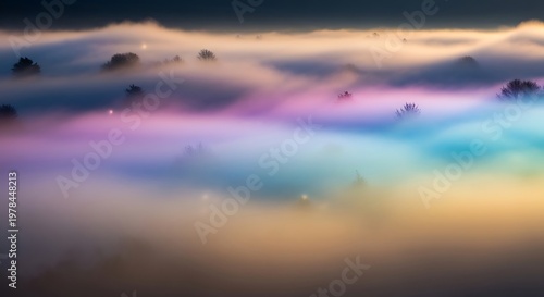 Vibrant colorful fog swirling softly in a dreamy atmosphere with purple blue and yellow hues