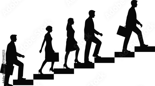 Business people climbing stairs silhouette, career growth concept illustration, professional progression steps, success and achievement metaphor, isolated black figures on white background