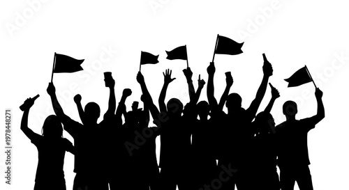 Silhouette of people waving flags high.