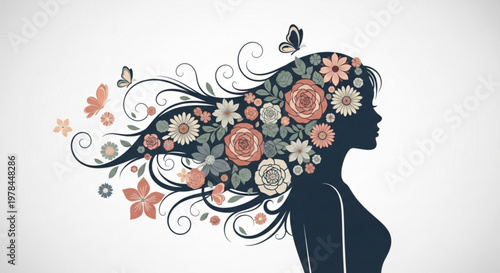 Woman silhouette with floral hair and butterflies symbolizing growth and freedom in a minimalist style
