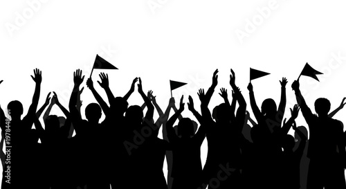 Silhouetted People Waving Flags Upwards.