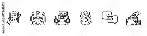 A set of thin line icons for business communication, office management, and corporate professional services.