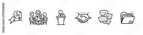 A set of hand-drawn doodle icons representing corporate business processes, teamwork, and official communication.