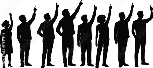 Business people pointing upward silhouettes, leadership and vision concept illustration, team direction and goal focus, corporate strategy idea, isolated black figures on white background