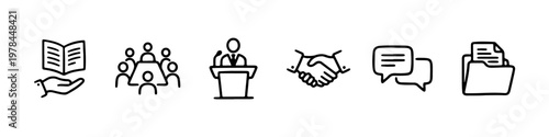 A set of hand-drawn doodle icons representing corporate business processes, teamwork, and official communication.