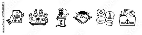 A set of nautical-themed doodle icons representing maritime business management, leadership, and professional naval communication.