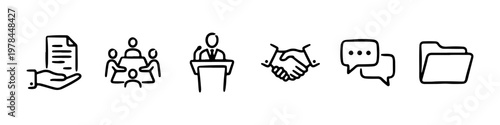 A set of hand-drawn doodle icons representing corporate business processes, teamwork, and official communication.