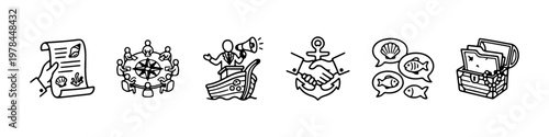 A set of nautical-themed doodle icons representing maritime business management, leadership, and professional naval communication.