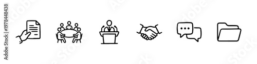 A set of hand-drawn doodle icons representing corporate business processes, teamwork, and official communication.