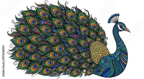 Vibrant peacock displaying colorful plumage spread tail feathers blue neck green and gold accents standing isolated on white background