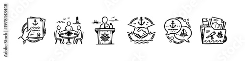 A set of nautical-themed doodle icons representing maritime business management, leadership, and professional naval communication.