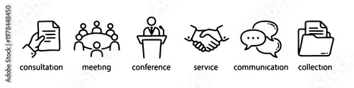 A set of hand-drawn doodle icons representing corporate business processes, teamwork, and official communication.
