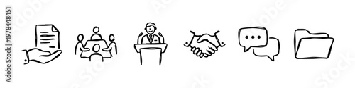A set of hand-drawn doodle icons representing corporate business processes, teamwork, and official communication.