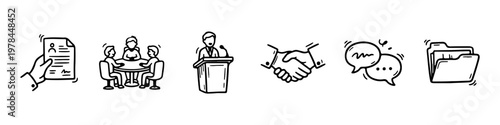 A set of hand-drawn doodle icons representing corporate business processes, teamwork, and official communication.