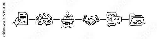 A set of nautical-themed doodle icons representing maritime business management, leadership, and professional naval communication.