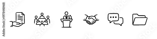 A set of hand-drawn doodle icons representing corporate business processes, teamwork, and official communication.