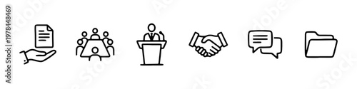 A set of hand-drawn doodle icons representing corporate business processes, teamwork, and official communication.