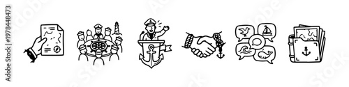 A set of nautical-themed doodle icons representing maritime business management, leadership, and professional naval communication.