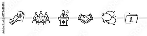 A set of nautical-themed doodle icons representing maritime business management, leadership, and professional naval communication.