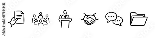 A set of hand-drawn doodle icons representing corporate business processes, teamwork, and official communication.