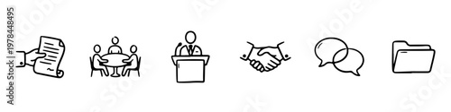 A set of hand-drawn doodle icons representing corporate business processes, teamwork, and official communication.