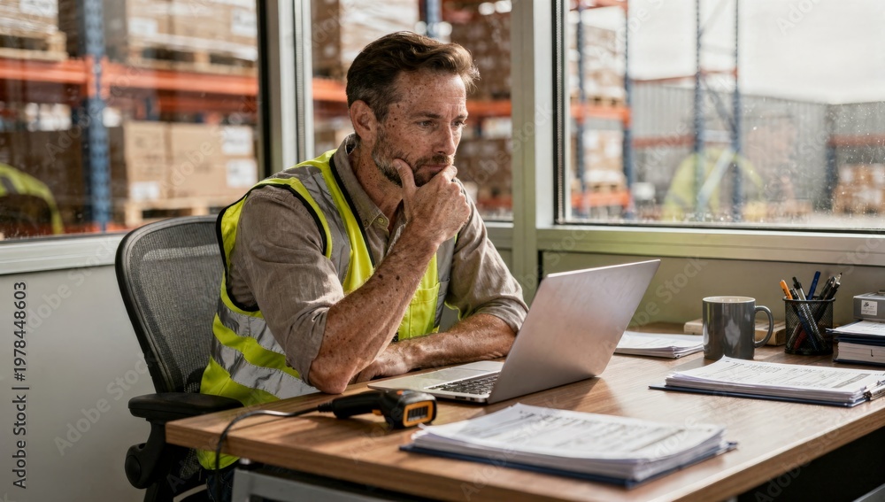 Obraz premium Thoughtful Logistics Manager Analyzing Supply Chain Data in a Busy Modern Warehouse Office Environment Ensuring Operational Excellence and Strategic Planning.