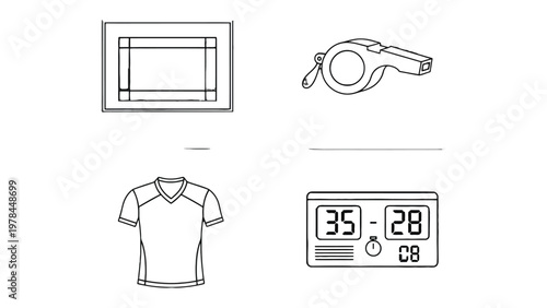 Sports Essentials Illustrated: An illustrative display of essential sports equipment, meticulously drawn, presenting the fundamental tools of competition and play. 