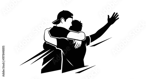 Two people hugging and waving goodbye.