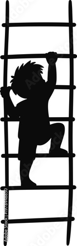 Child climbing ladder silhouette, kid reaching higher steps illustration, growth and ambition concept, success metaphor, childhood development, isolated black figure on white background