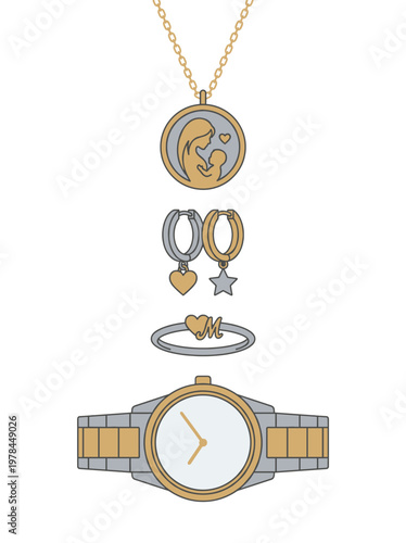 Elegant assortment of jewelry items including necklace, earrings, ring, and watch