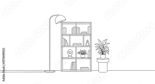A minimalist line drawing depicts a floor lamp bookshelf with books plants and decorative objects