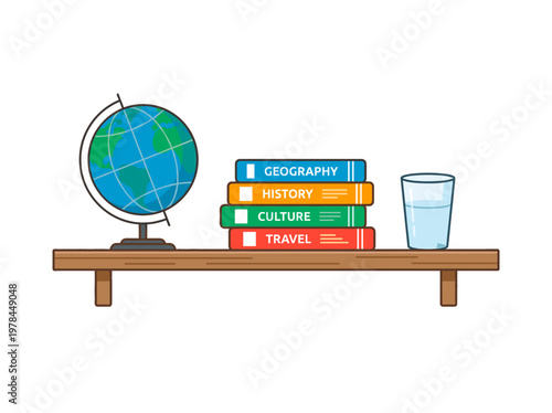 A collection of educational items on a wooden shelf, including books, globe, and a glass of water. A colorful and neatly arranged scene that depicts learning and exploration